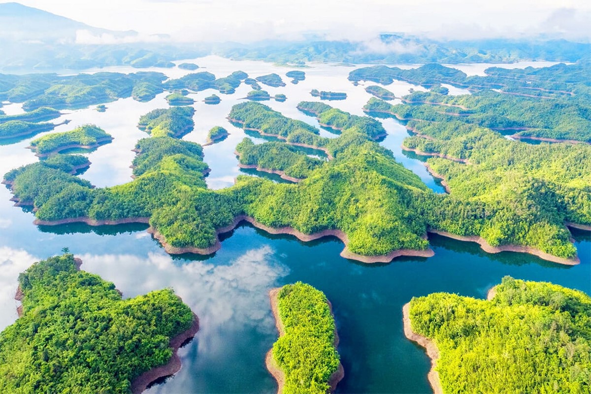 Aerial shot of Ta Dung National Park and its islands in Dak Nong