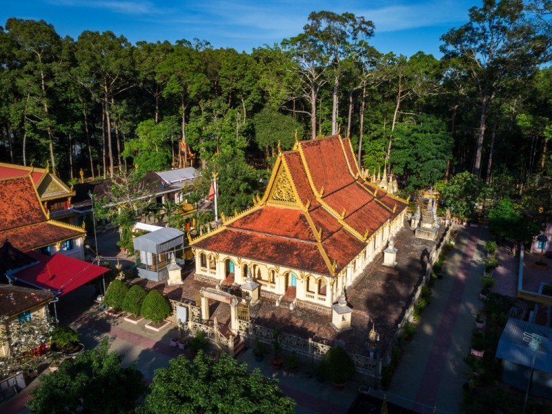 Aerial view of Ang Pagoda surrounded by trees in Tra Vinh.