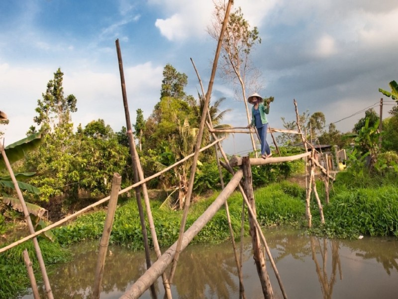 A bamboo bridge crossing over water in Ben Tre, located in the Mekong Delta, offering a scenic view of the lush green surroundings.