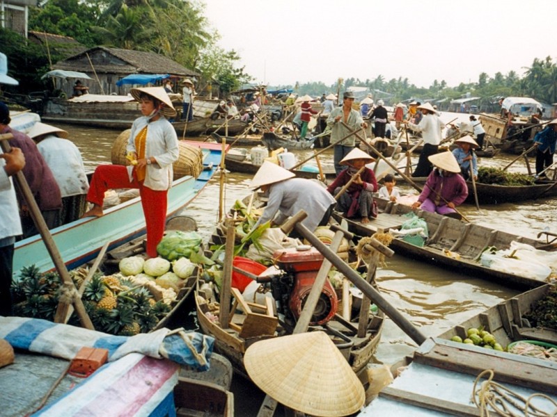 Locals and tourists at the bustling Can Tho Floating Market, a famous attraction in the Mekong Delta.