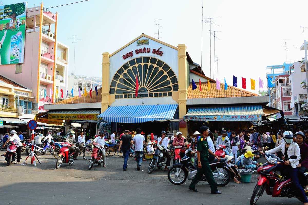 Chau Doc Market in An Giang Busy scene outside Chau Doc Market in An Giang