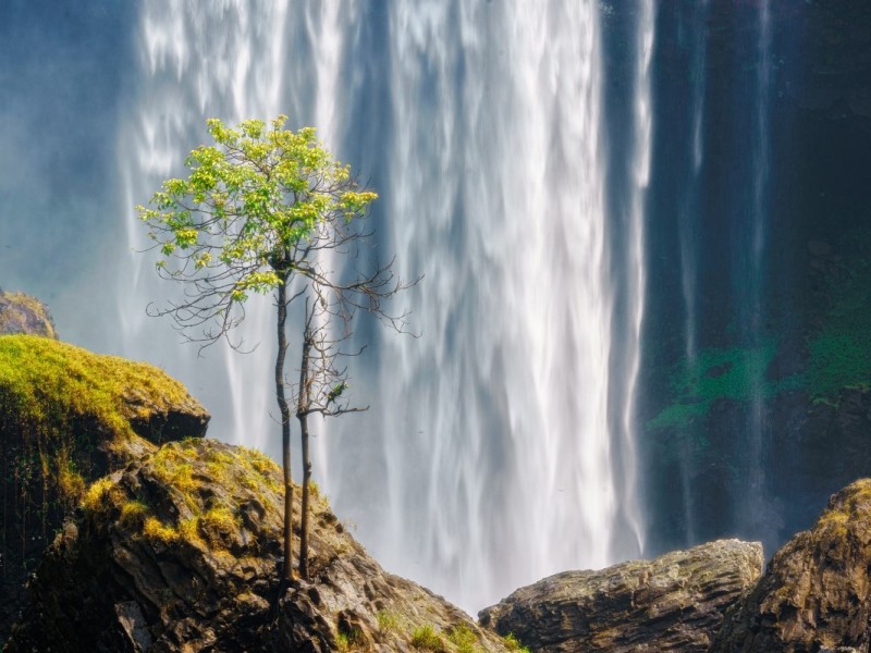 A close-up view of the K50 Waterfall's cascading waters