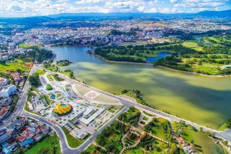 Aerial view of Da Lat city showing highland lakes and green landscape