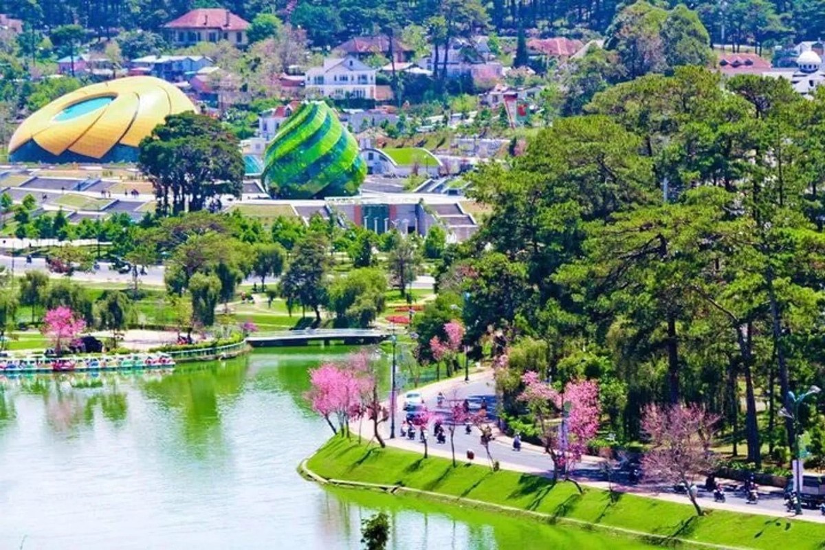 View of Da Lat Flower Festival Park with colorful blooms and iconic architecture