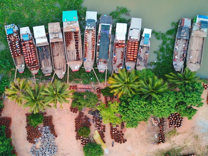 Aerial view of boats and pottery at Dai Hung Pottery Village Binh Duong.