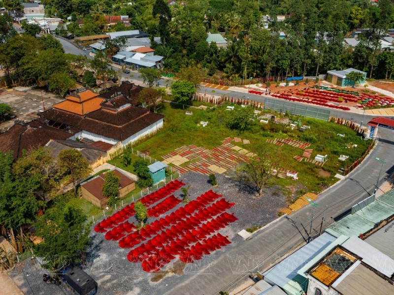 Aerial view of Dinh Yen Mat Weaving Village in Dong Thap province, showcasing the traditional crafts and vibrant scenery.