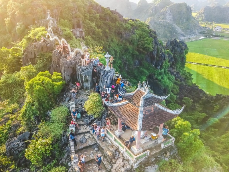 Tourists enjoying the view from Hang Mua peak in Ninh Binh, overlooking lush rice fields and limestone formations.