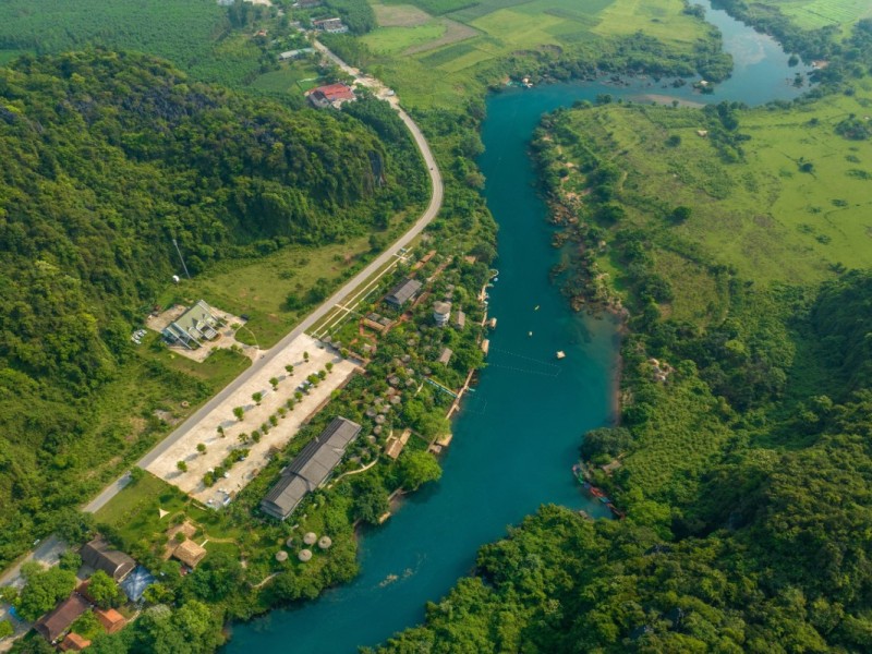 Aerial view of Hava Valley Resort nestled in Quang Binh's lush greenery