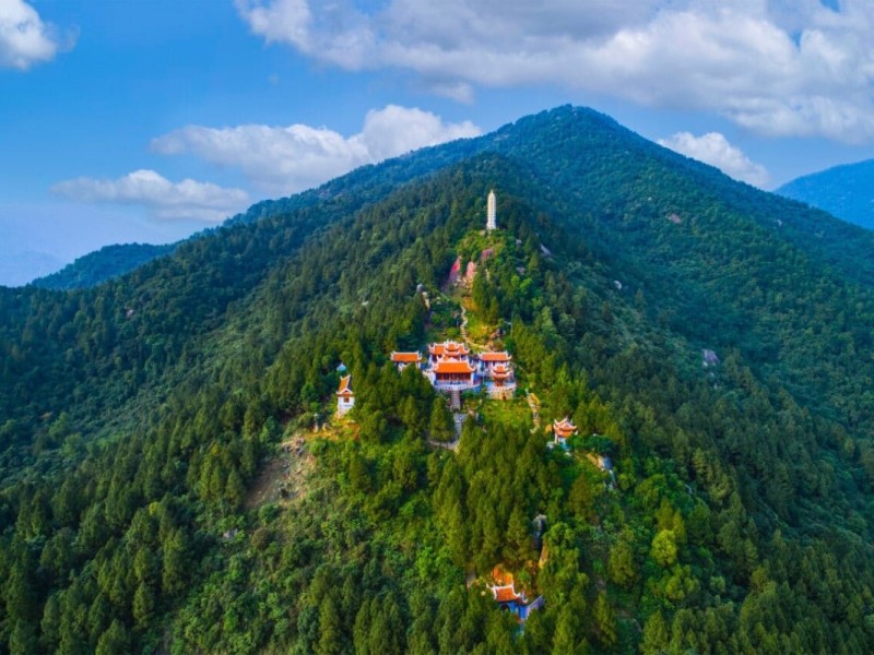 Aerial view of Huong Tich Pagoda in Ha Tinh nestled among mountains