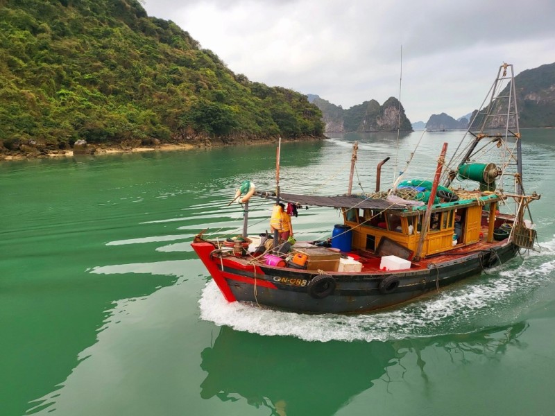 Local fishing boat in the waters of Bai Tu Long Bay