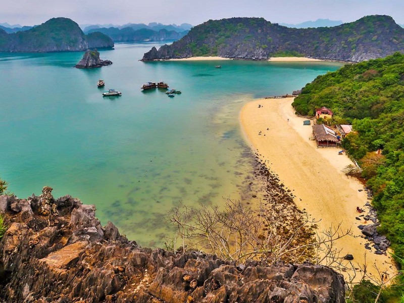 Visitors on Monkey Island Beach in Lan Ha Bay