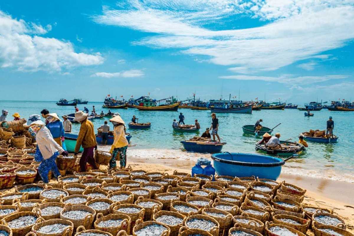 Fishing boats and fishermen at Mui Ne Fishing Village in Binh Thuan Province