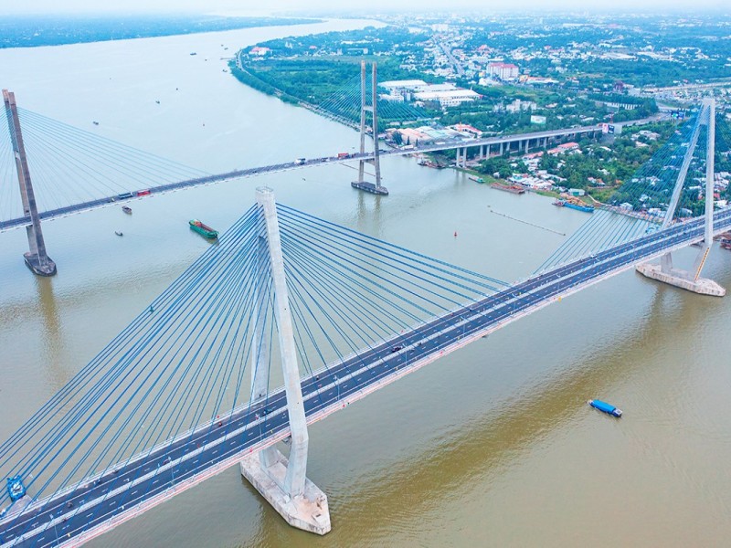 Aerial view of My Thuan Bridge in Vinh Long Province crossing the Mekong River