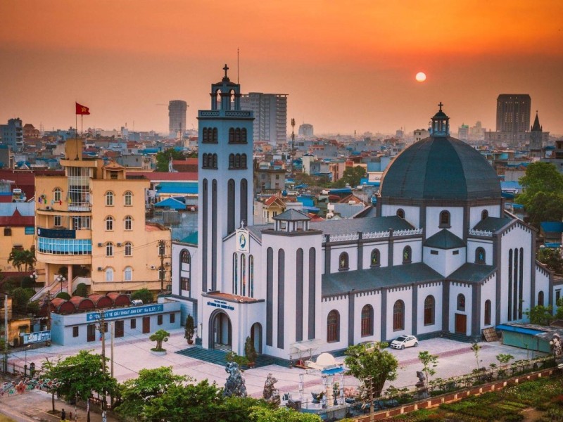 Sunset over a grand cathedral in Nam Dinh, Vietnam