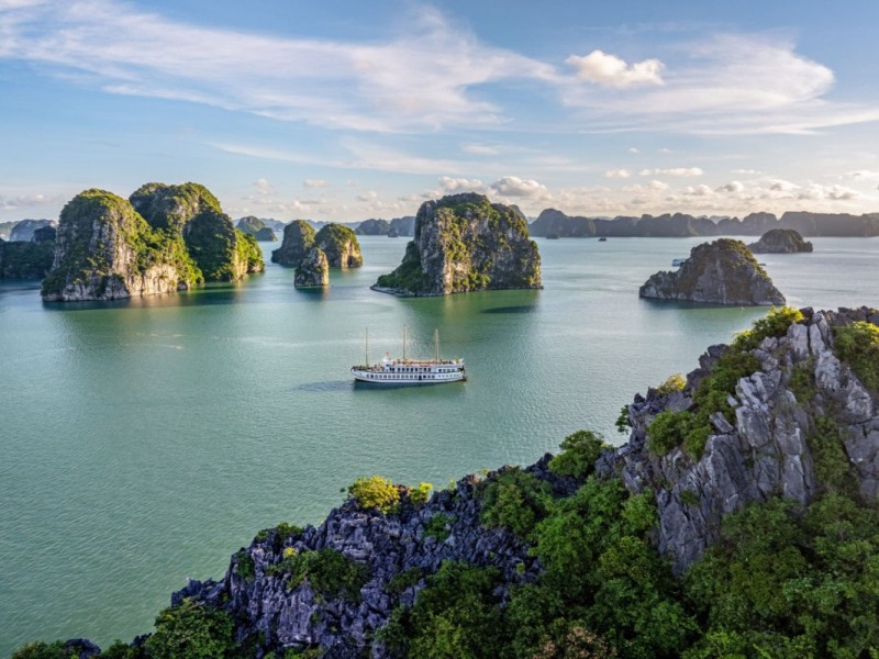 Panoramic view of limestone islets in Bai Tu Long Bay