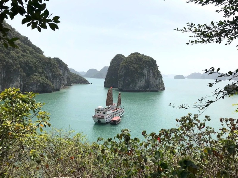 Scenic view of Bai Tu Long Bay’s limestone islands