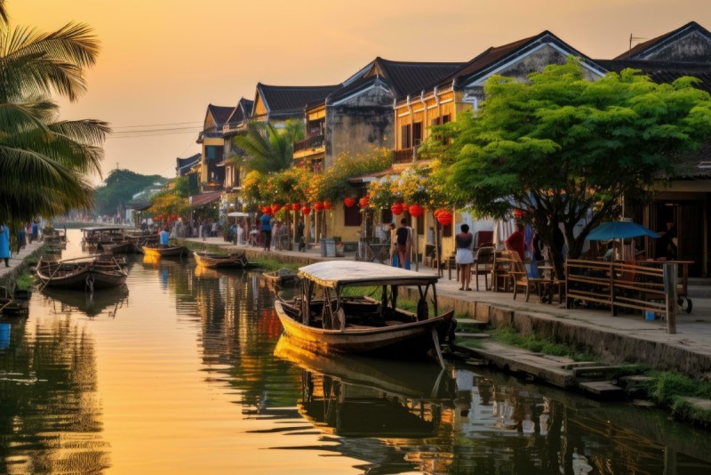 Sunset over Hoi An Ancient Town's canal, with traditional boats and lanterns illuminating the scene.