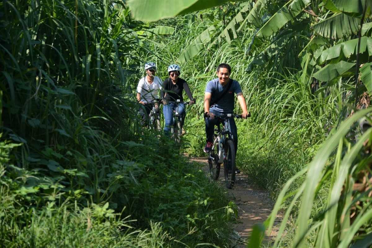 Cyclists riding through lush green vegetation on a trail during the Half Day Hanoi City Bicycle Tour