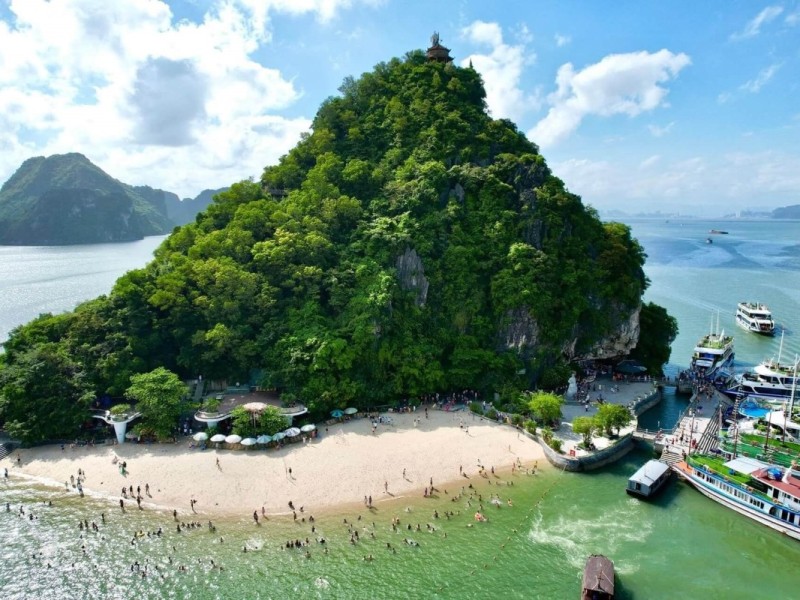 Aerial view of Titop Island in Halong Bay with beachgoers and surrounding waters